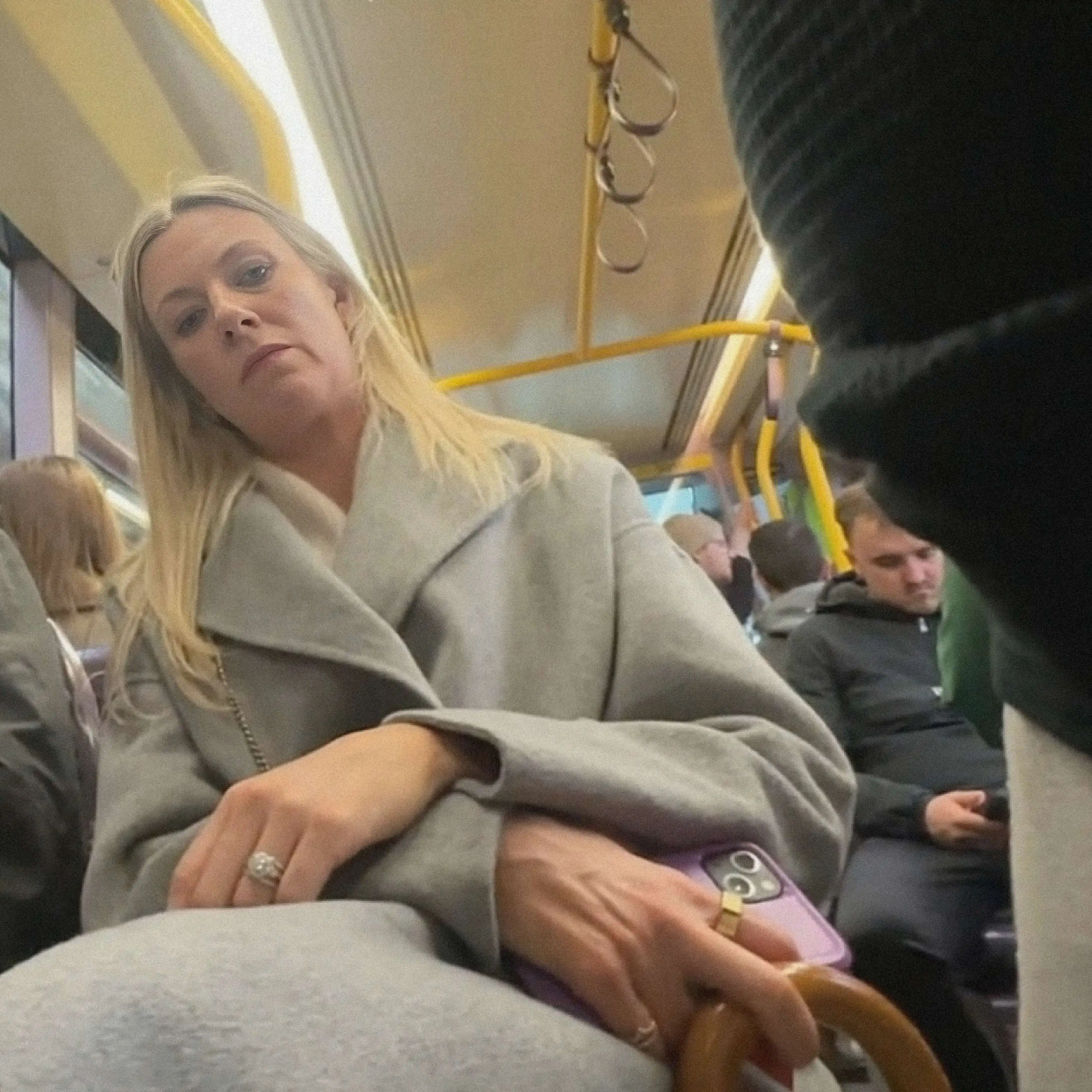 Sexy blonde mMlf looking at bulge on the bus